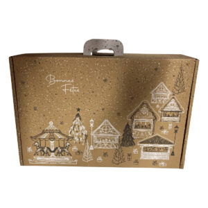 Valisette carton kraft rectangle Bonnes Fêtes chalet/gris/blanc 54x36x12.5